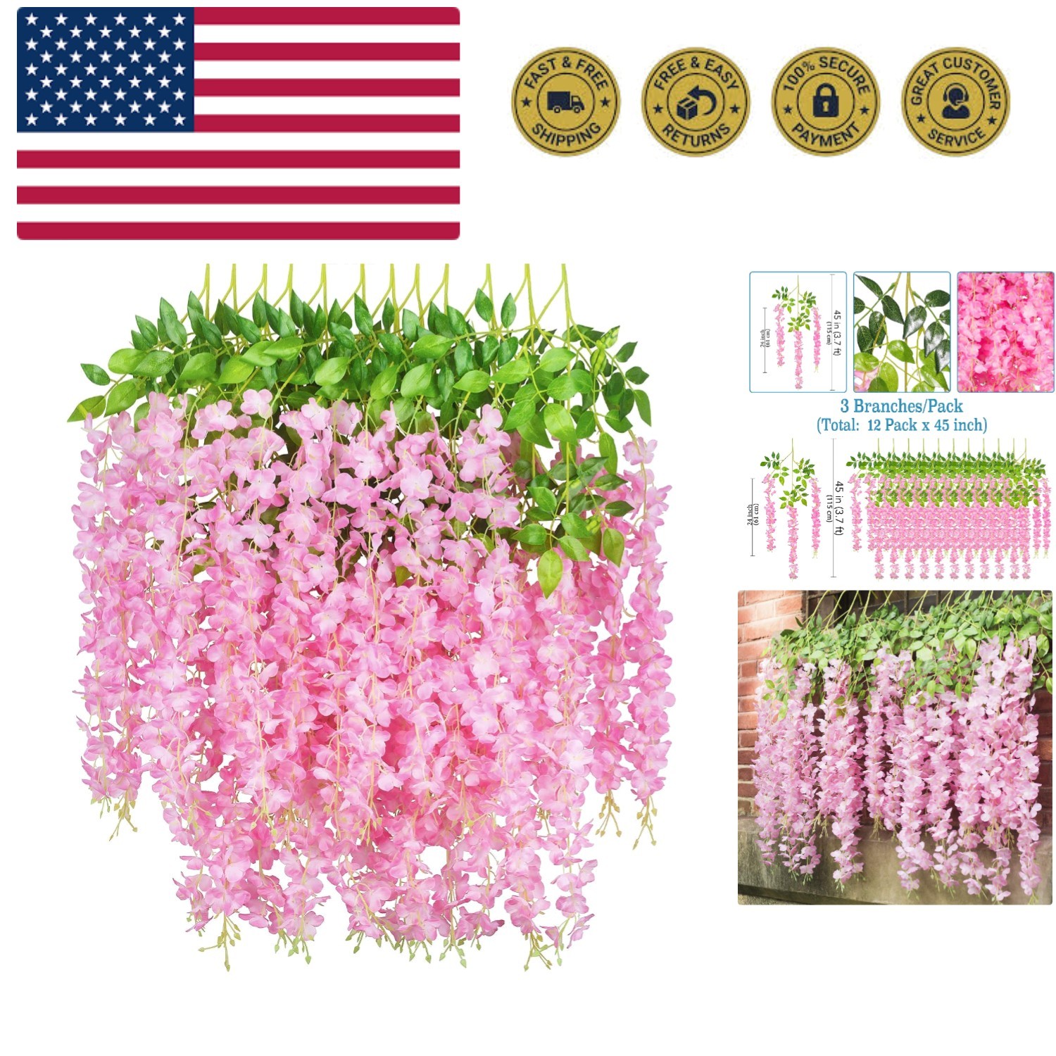 12 Pieces/Each 45 inch / 3.7 ft Wisteria Artificial Flower Bushy Silk Vine Ra…