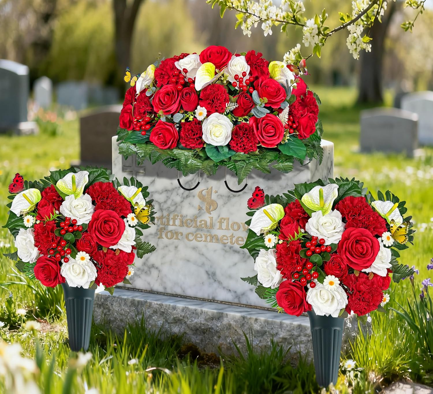 Elegant Artificial Cemetery Flowers with Vases – 3Pc Red Rose & Carnation Set