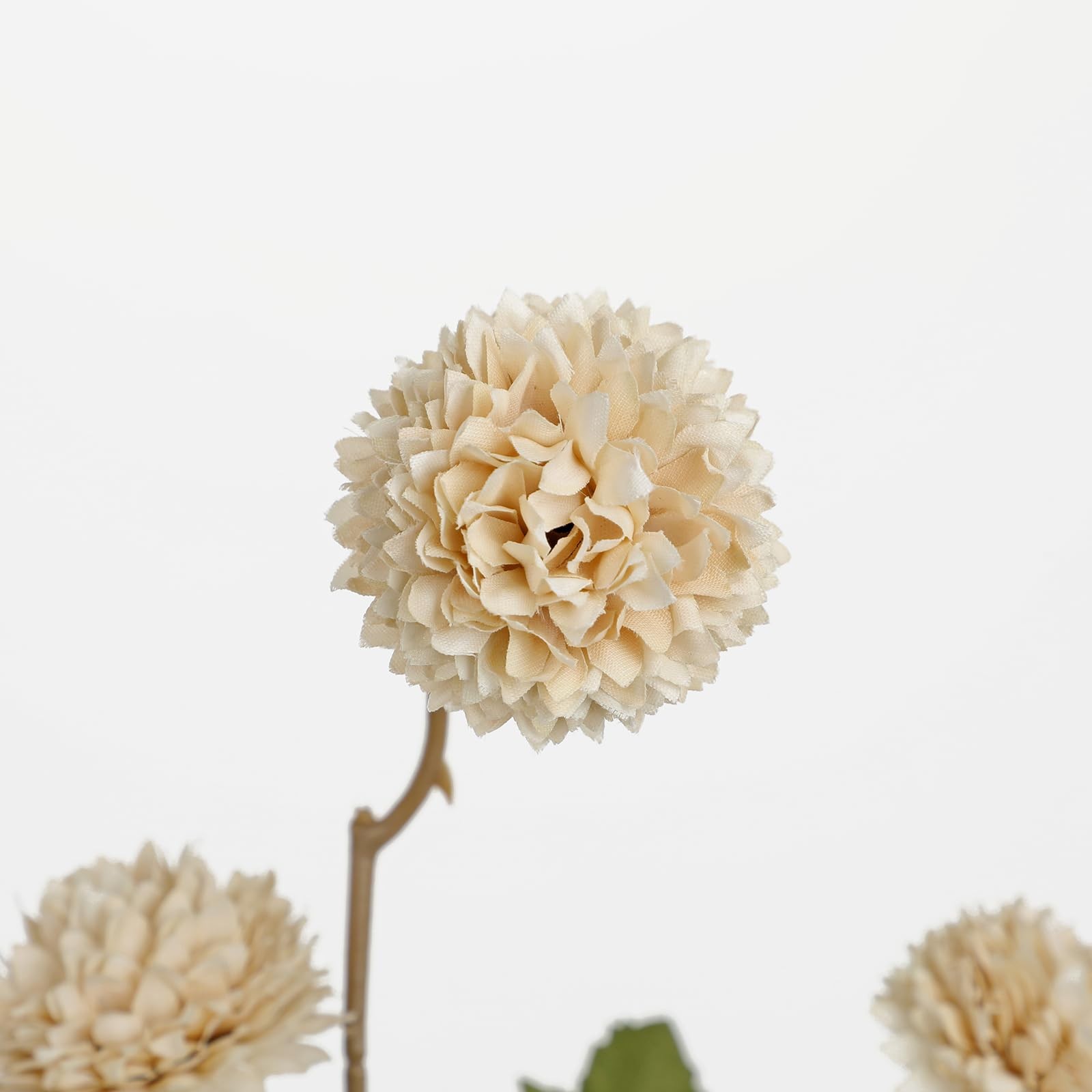 12 PCS Beige Artificial Kiku Mums Realistic Silk Pom Pom Chrysanthemums