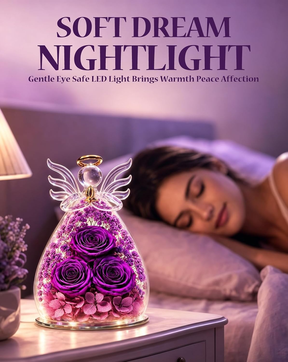 Lighted Guardian Angel Amethyst Color Preserved Flower for Loss Strength & Love