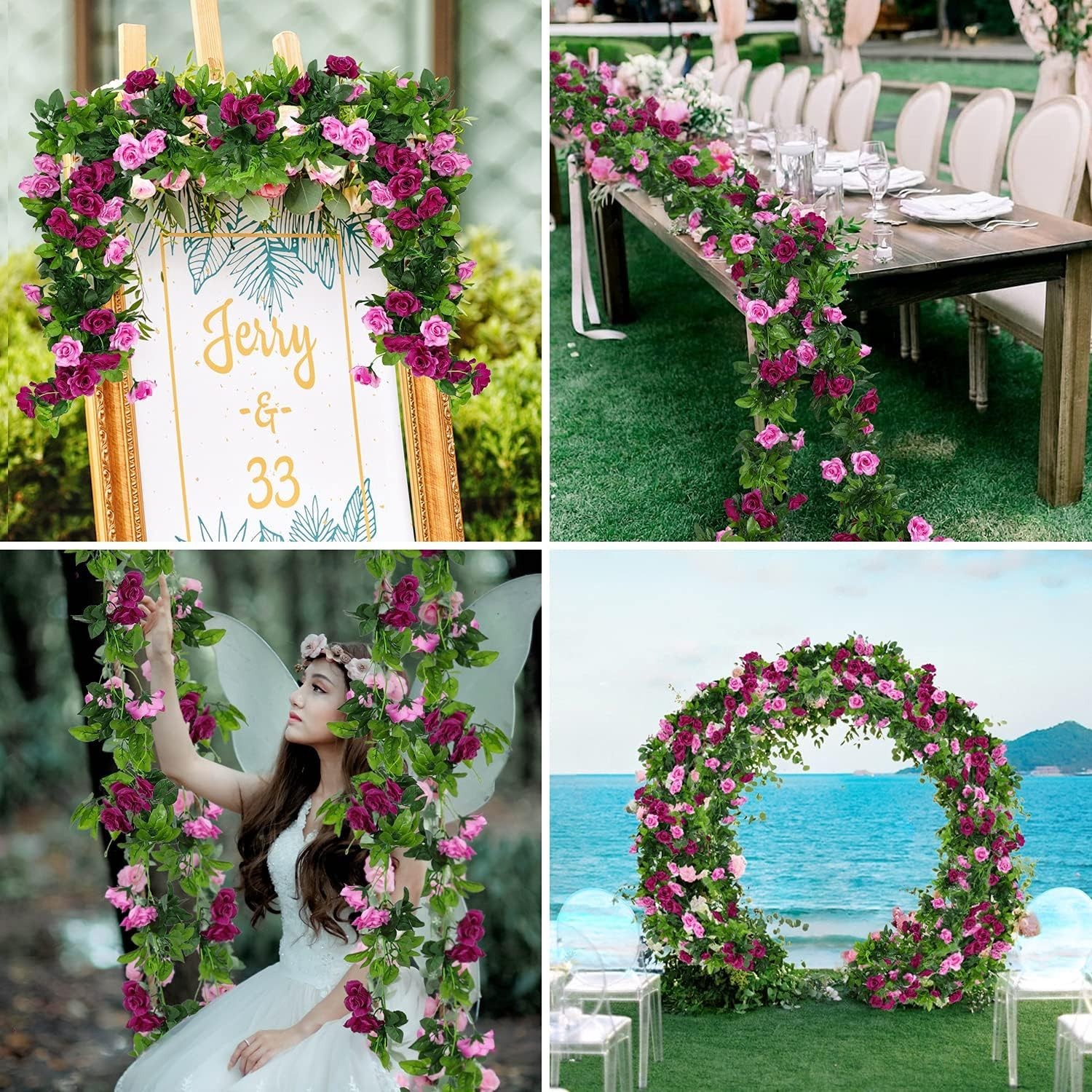 2 Pack Artificial Rose Garland Fuchsia Pink Silk Flower Vines for Wedding Hom…