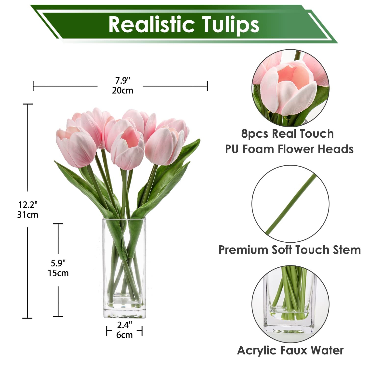 Artificial Pink Foam Tulip Flowers In Clear Vase Real Touch Floral Centerpiece