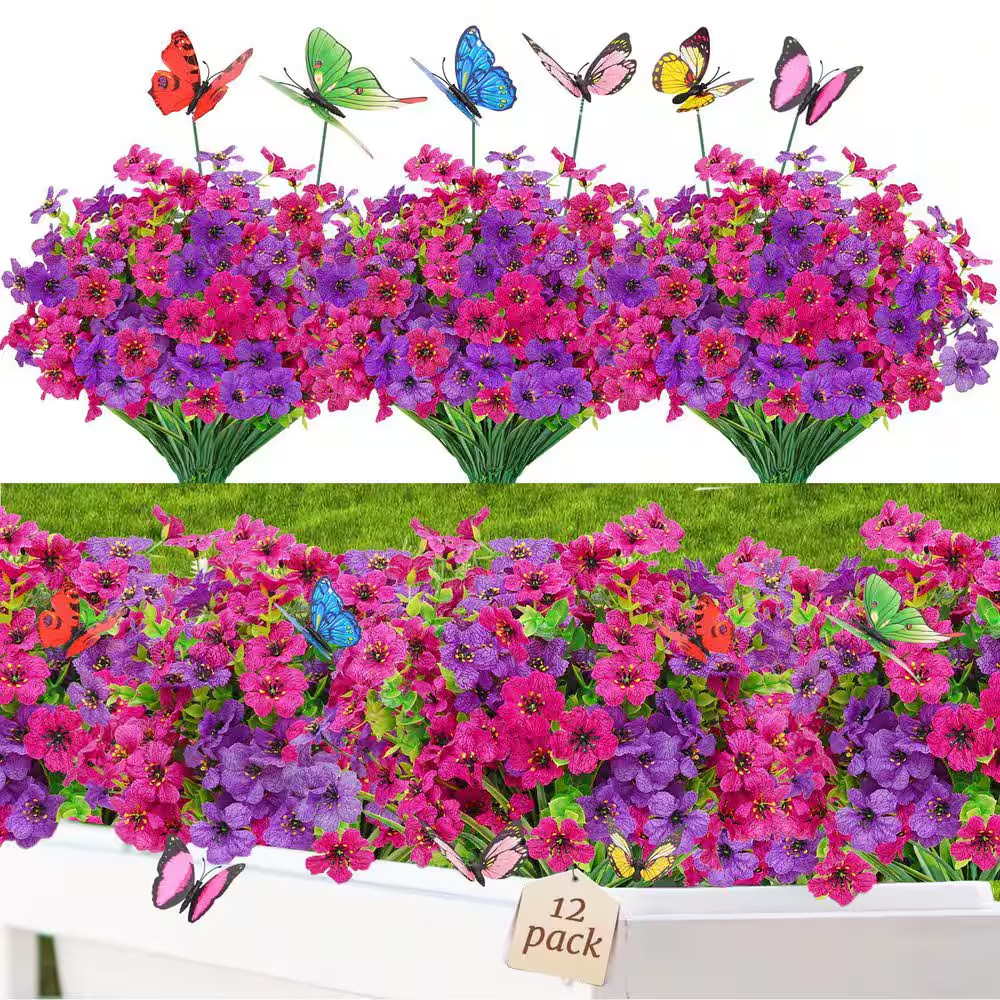 3 In. 12 Bundles UV Resistant Artificial Flowers Fuchsia Rose Red Faux Outdoor P