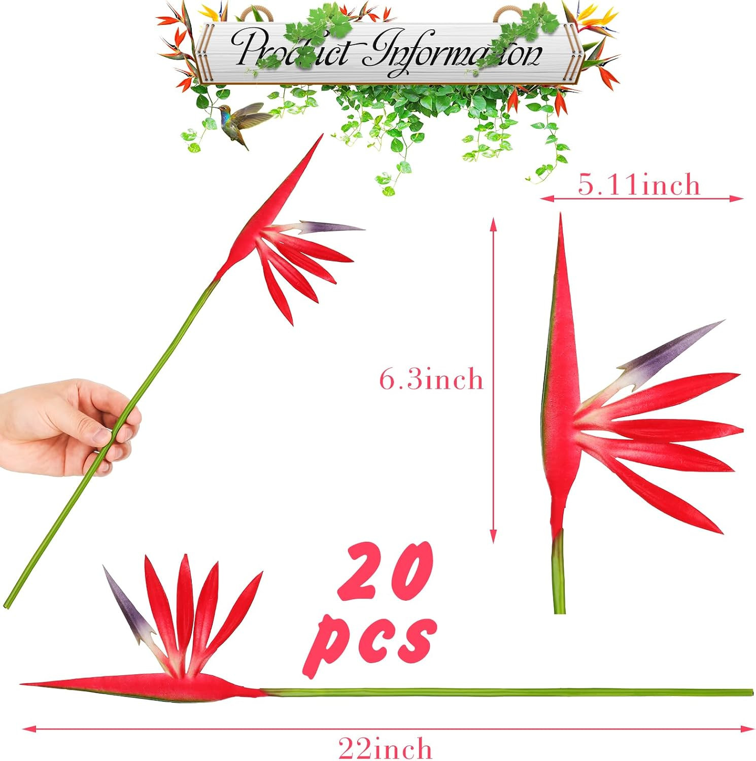 20pcs Bird of Paradise Faux Flowers – Tropical Hawaiian Decor for Home & Wedding