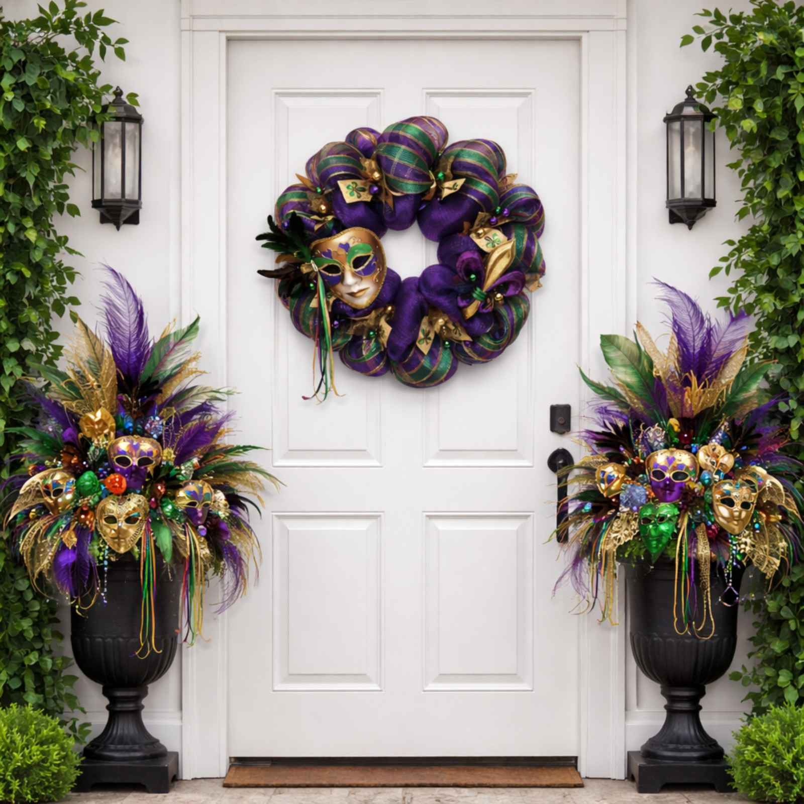 Mardi Gras Wreath Extra Large With Venetian Mask and Fleur De Lis Handmade Deco