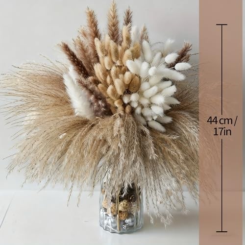 17 Inch Beige & White Dried Pampas Grass Bouquet, Bunny Rustic Glow Bouquet