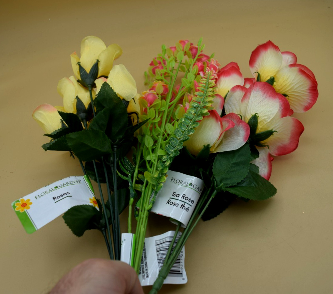 3 Artificial Faux Floral Tea Roses & Roses Stems For Crafts Floral Decor
