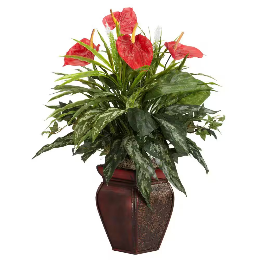 26 In. Green Artificial Mixed Greens and Anthurium in Decorative Vase