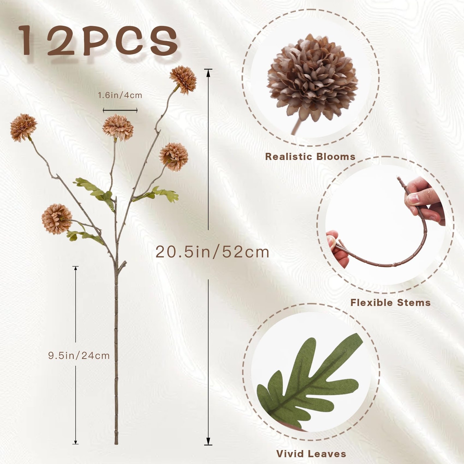 12Pcs Fake Kiku Flowers, Artificial Small Chrysanthemum Balls with Stems, Fau…