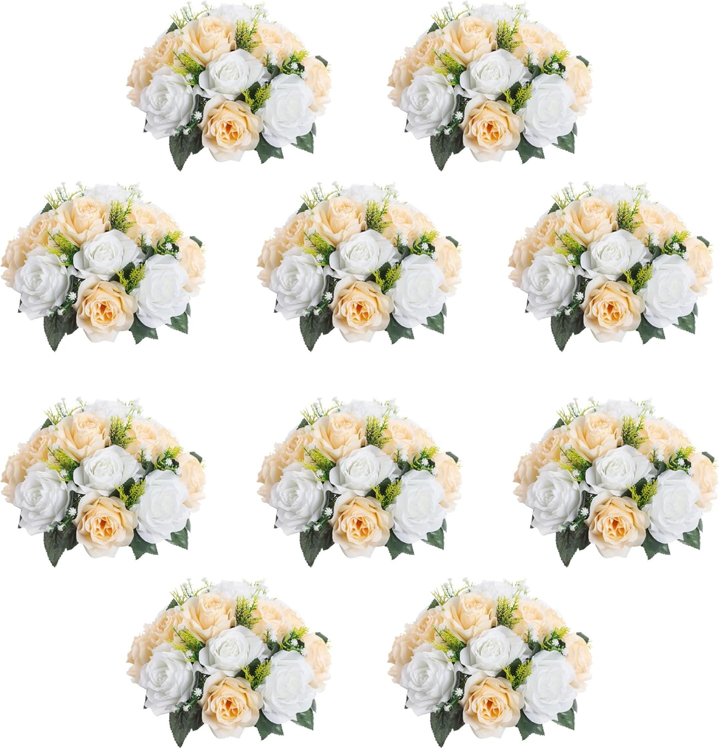 Champagne & White 10Pcs Artificial Flower Ball Bouquet for Weddings & Decor