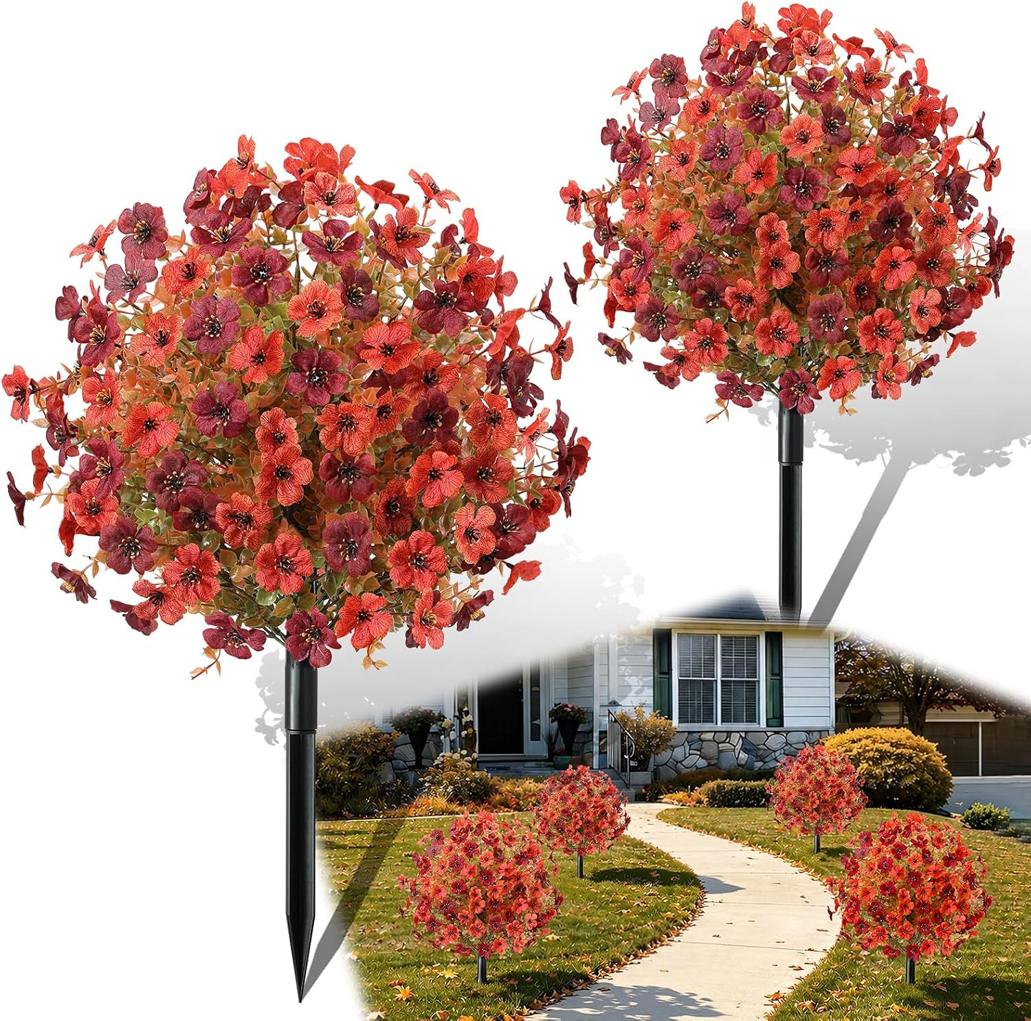 22″ UV Resistant Orange Claret Faux Flowers – 2 Pack, All-Weather Decor
