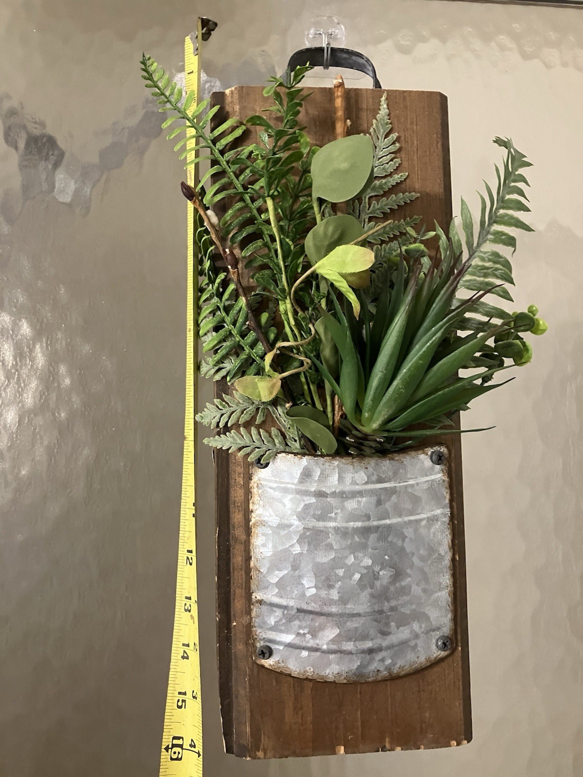 Artificial Succulent Fern Wall Planter Rustic Wood & Galvanized Metal 16×5.5”