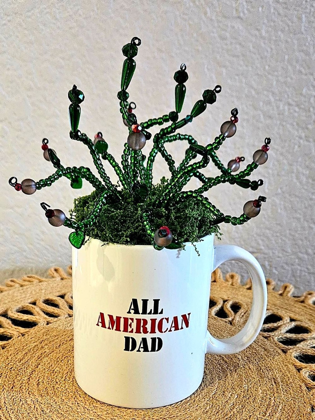All American Dad White Ceramic Mug with Green Beaded Succulent