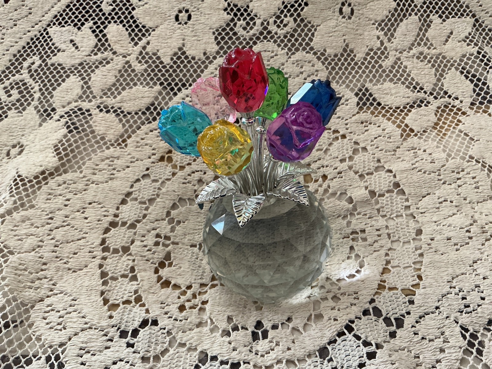 Crystal Colorful Rose Bud Glass Flowers With Rosr Bowl Vase Paperweight