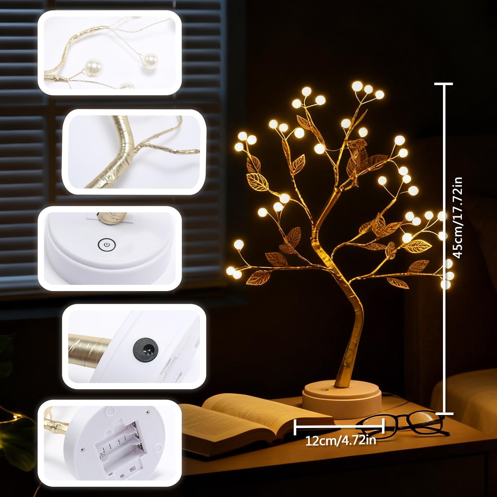 Pearl Gold Leaf Tree Shaped Light Warm White 36 Decoration Table Lamp Battery…