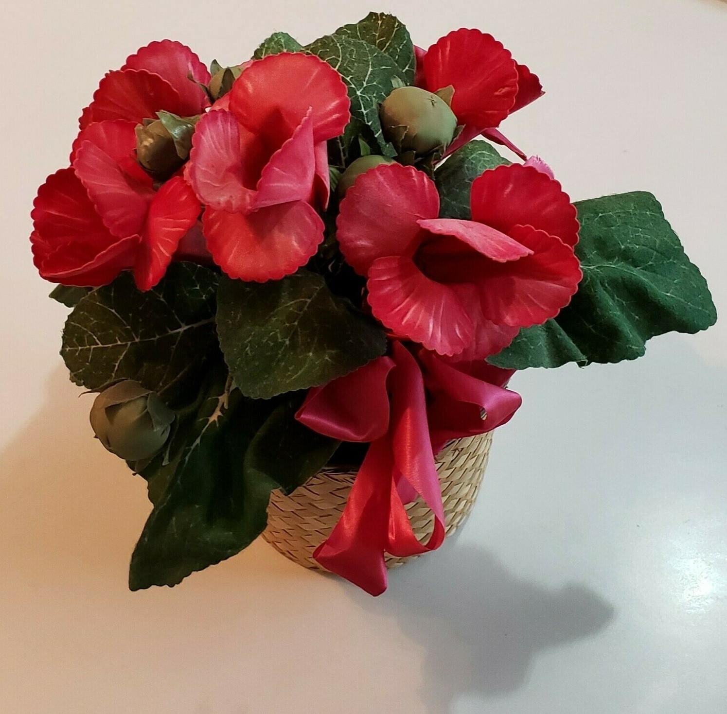 Artificial House Plant in Woven Basket Pink Flower Blooms Floral Decor Unusual