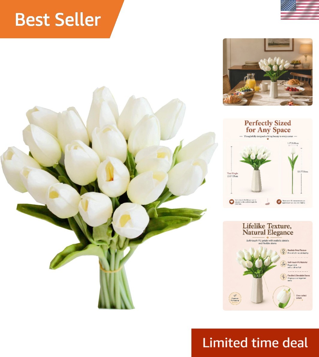 Versatile 20 Artificial White Tulips – 13.5in Eco-Friendly Faux Floral Decor