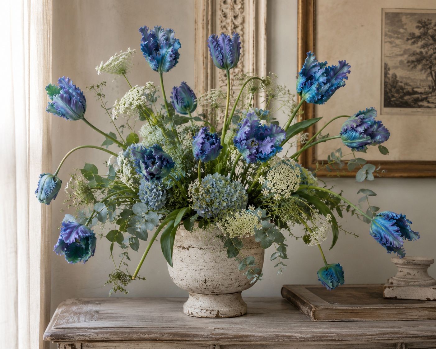 Blue Faux Tulips Set of 3 Artificial Parrot Tulips 27 Inch Tall