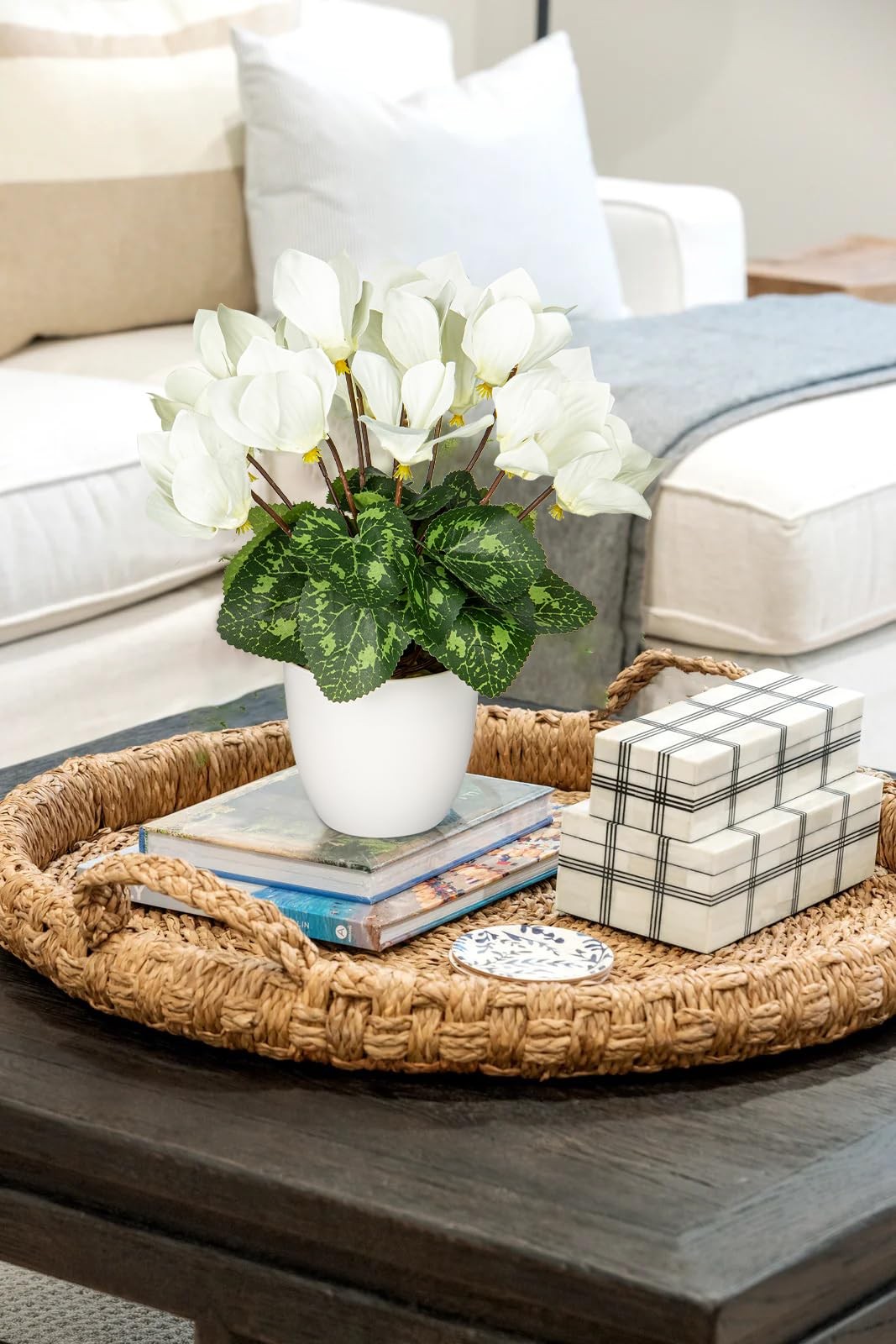 Artificial Potted White Cyclamen Silk Fake Flowers Plant Faux Arrangement Desk