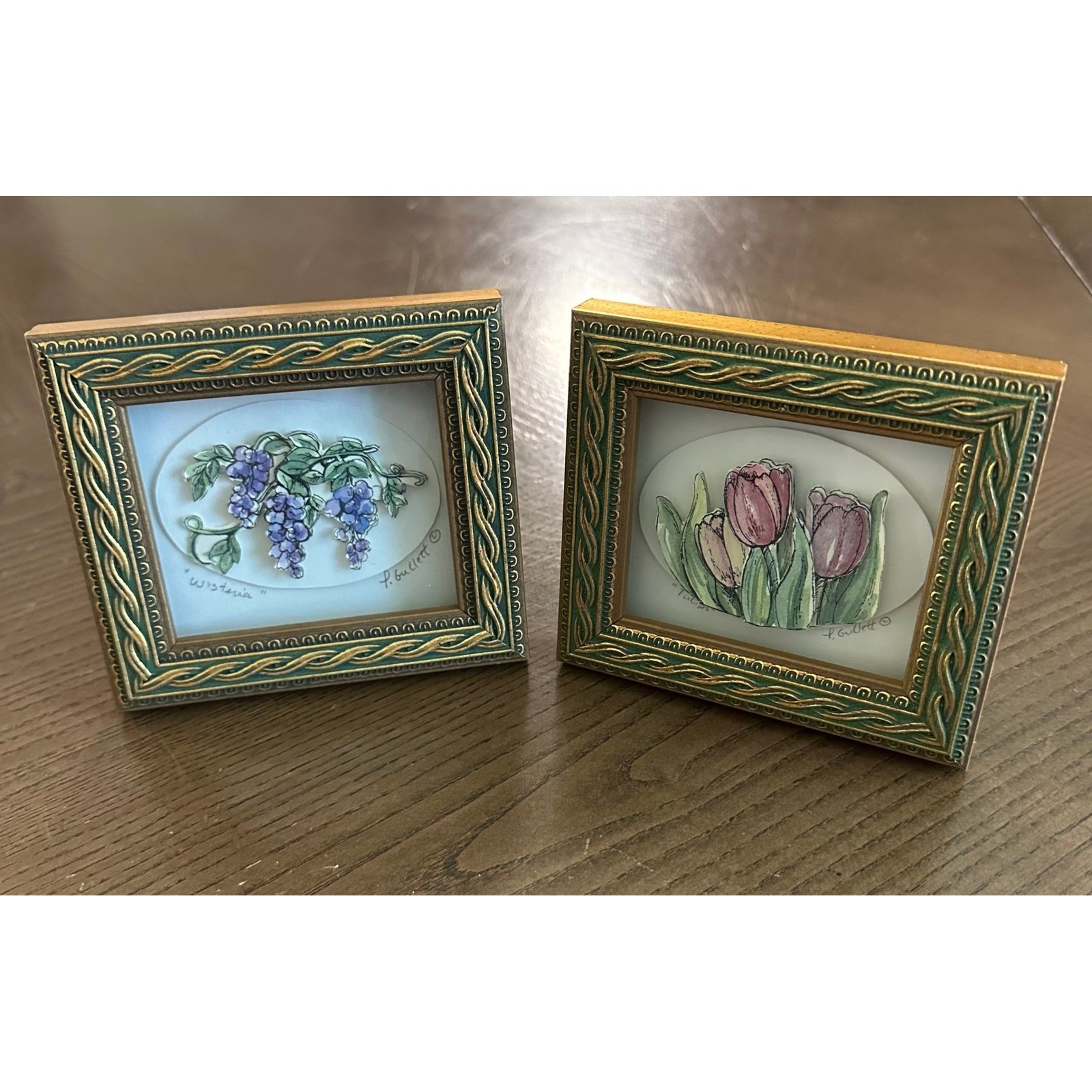 Patsy Gullett Sculptured Minis 3D Paper Tole Art Set Wisteria Tulips Framed 4×5