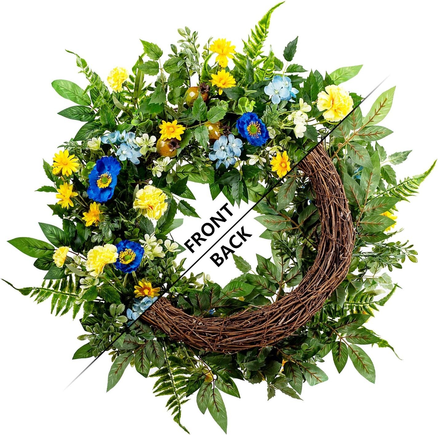 24-Inch Spring & Summer Flower Wreath – Blue & Yellow Elegance for Front Door