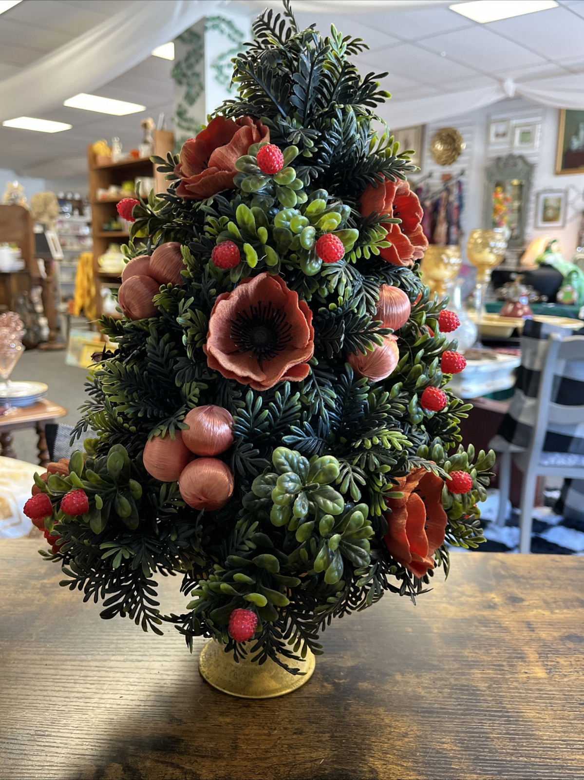 Vtg Mid-Century Plastic Floral Poppies Fruit Arrangement Centerpiece Xmas Tree