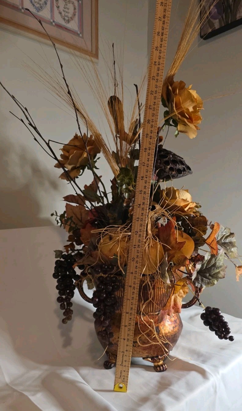 🌾🍂 Vintage Floral Arrangement in Ornate Footed Metal Urn – 29″ Tall – Rustic