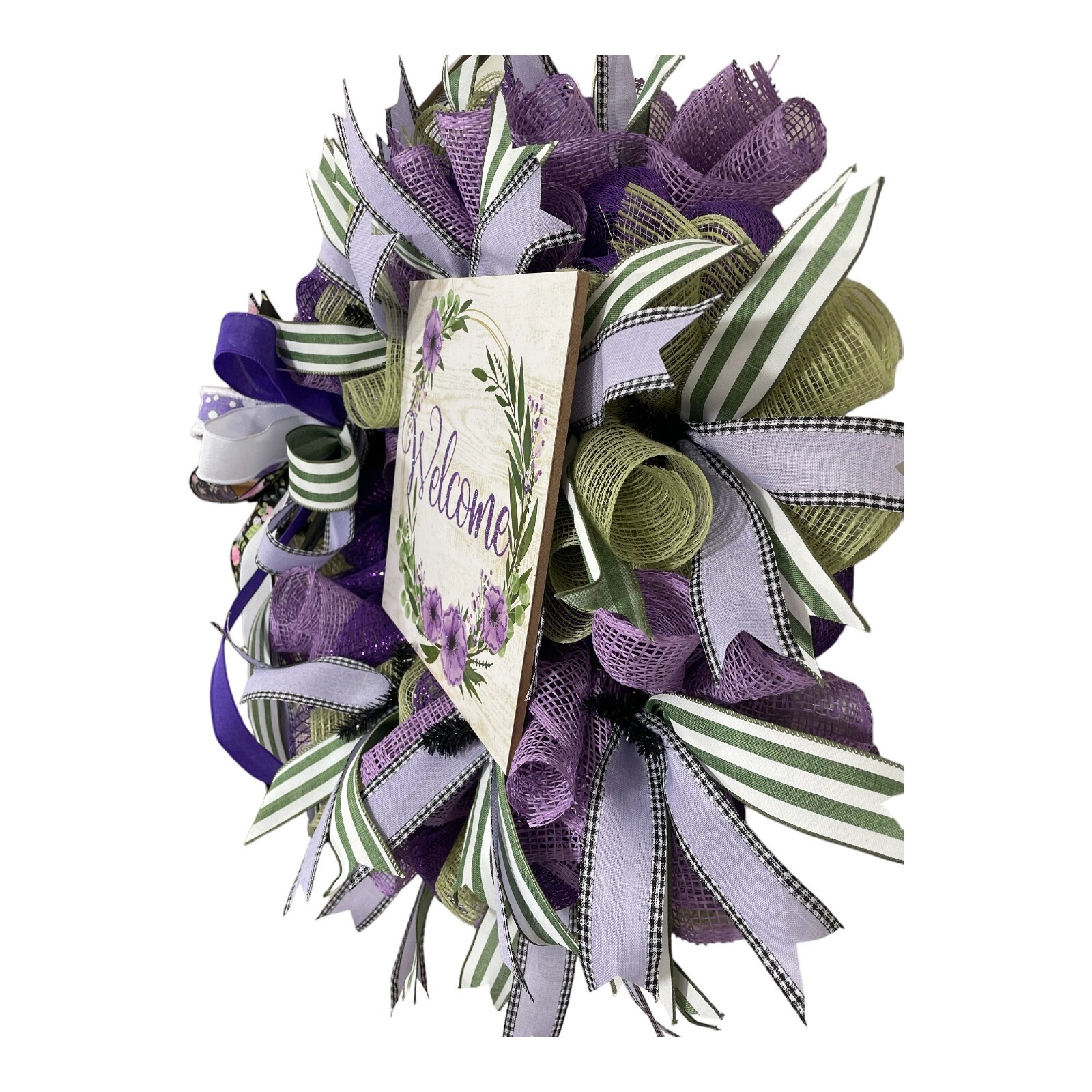 High-End Purple “Welcome” Door Wreath, 24″ diameter with 10″x10″ wood sign