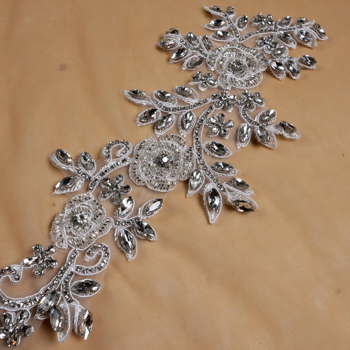 Beaded Rose Flowers &Leaves Rhinestone Pair Applique in Silver for Prom Dress Be
