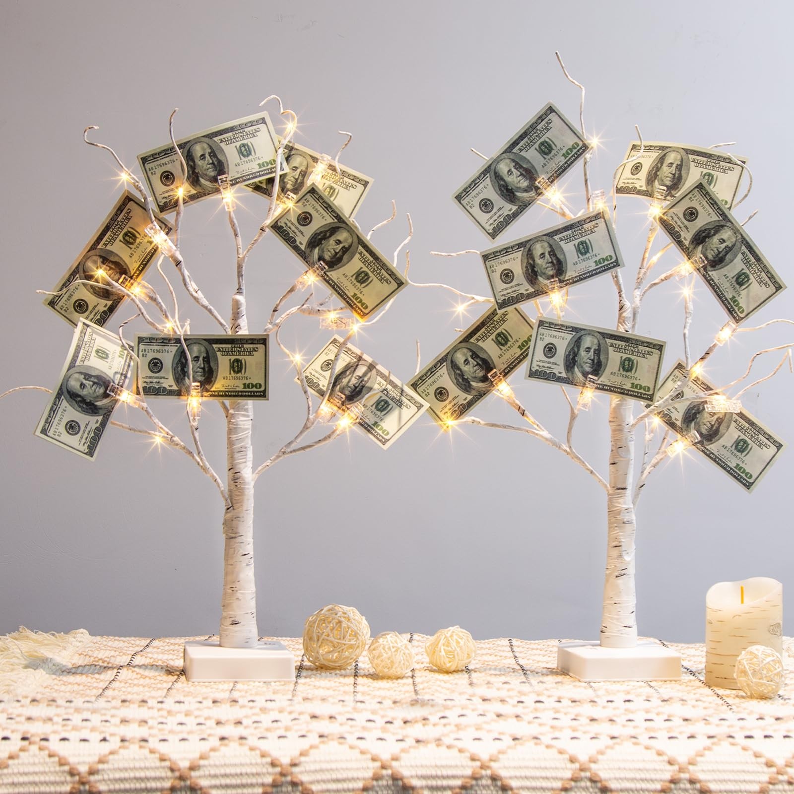 Money Tree Gift Holder, Set of 2 Birch Tree with 12 Clear Clips, Battery/USB …