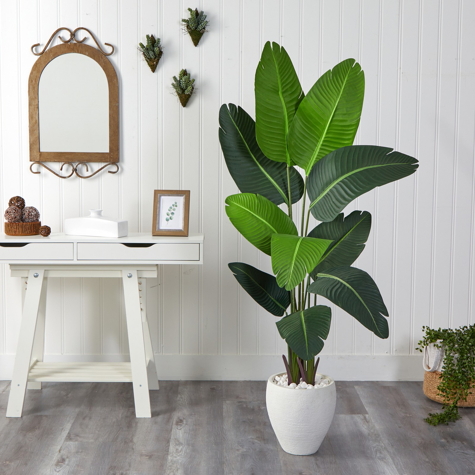 Nearly Natural 5.5ft Travelers Palm Artificial Tree in White Planter in Green