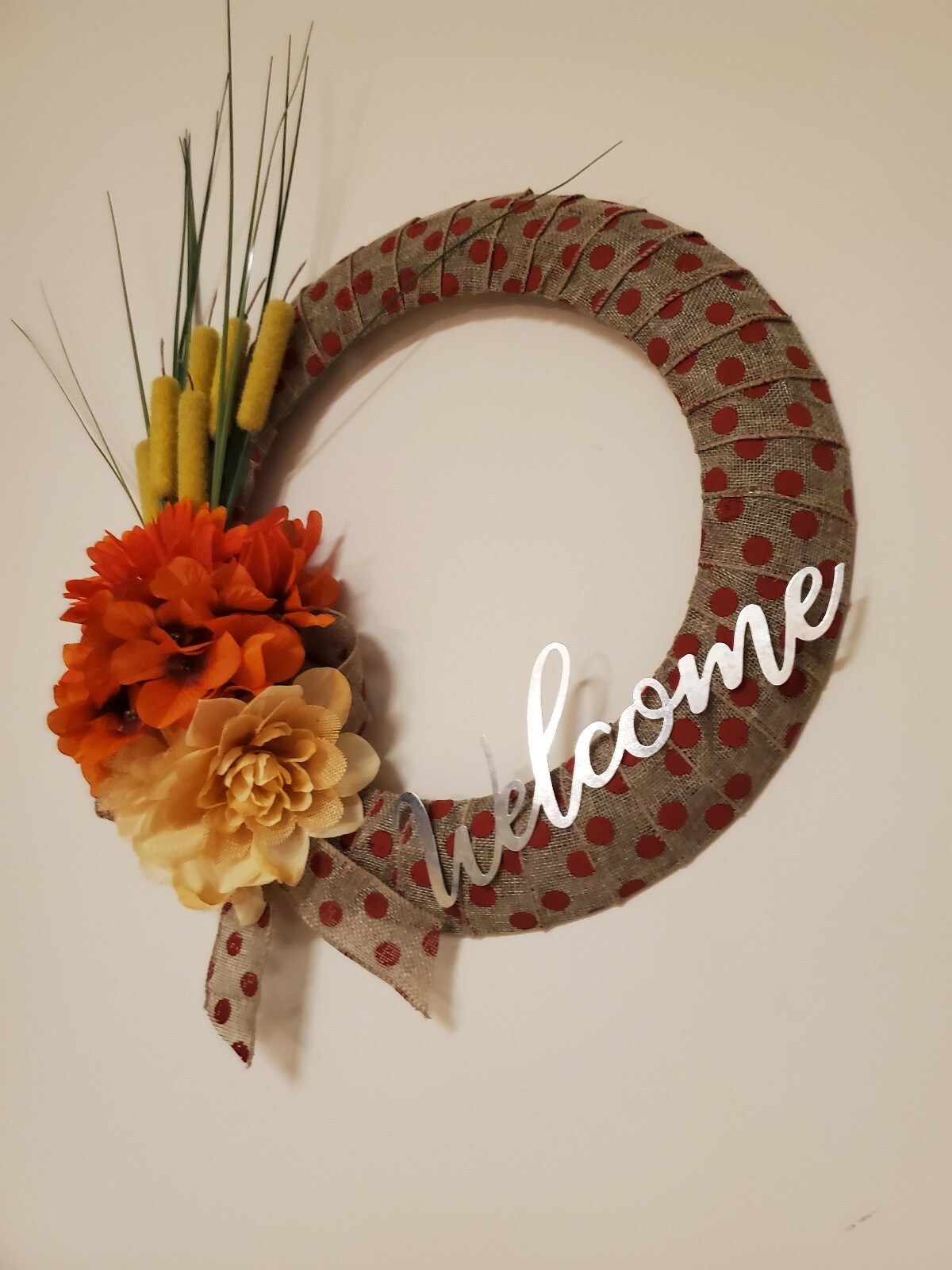 WELCOME wreath FLOWER Hydrangeas Foxtail burlap FALL autumn Decor Front Door 15