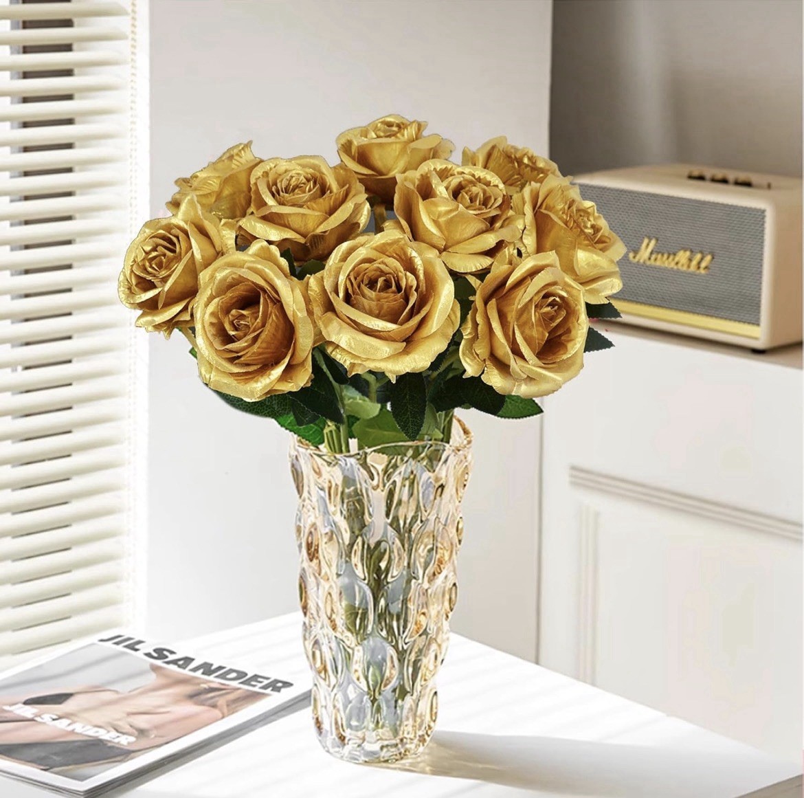 10 Pcs Gold Rose Artificial Flower, Faux Silk Flowers With Long Stems, Fake…