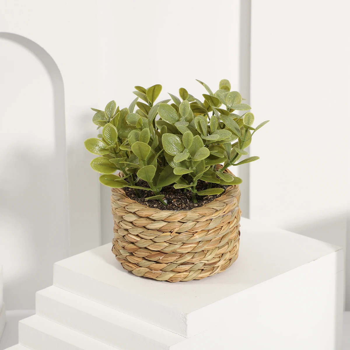 Green Artificial Eucalyptus Grass Woven Small Potted Plants 11cm PE Material Mou