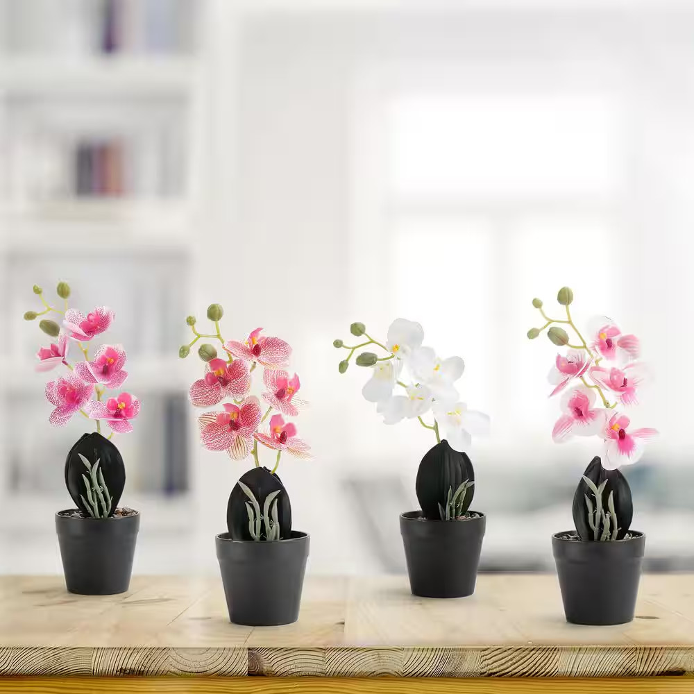 11 In. 4-Pieces Multi-Color Indoor Artificial Phalaenopsis Flower in Black Pot