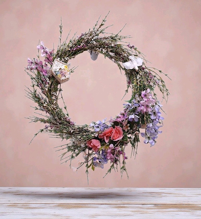 Spring Summer Door Wreath 18″ Field of Flowers Crochet Feather Bird House Wall