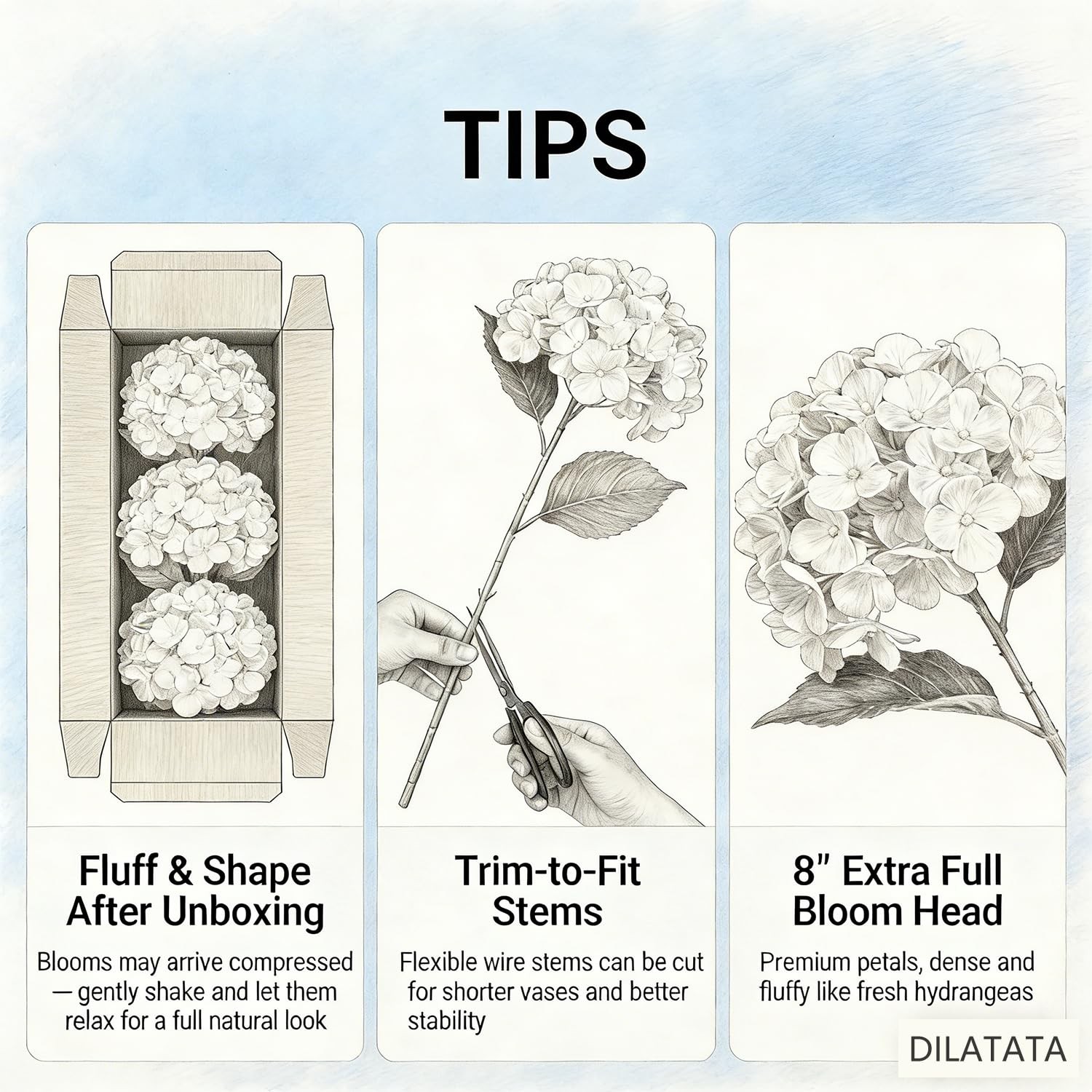 Large Real Touch Hydrangea Artificial Flowers with Stems, 8″ Full Bloom Fresh…