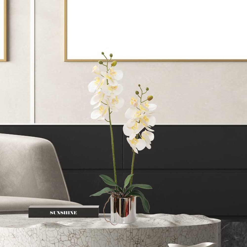 Elegant White Faux Orchid Arrangement in Ceramic Vase for Home & Office Decor