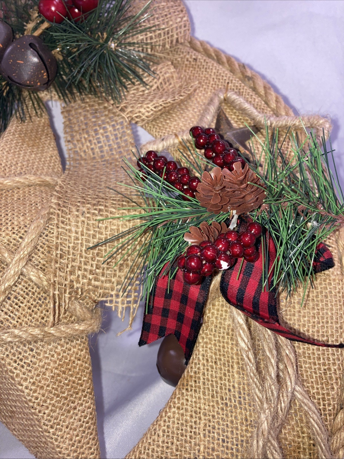 Christmas Country Wreath Burlap Lighted Handmade in USA 15” Star