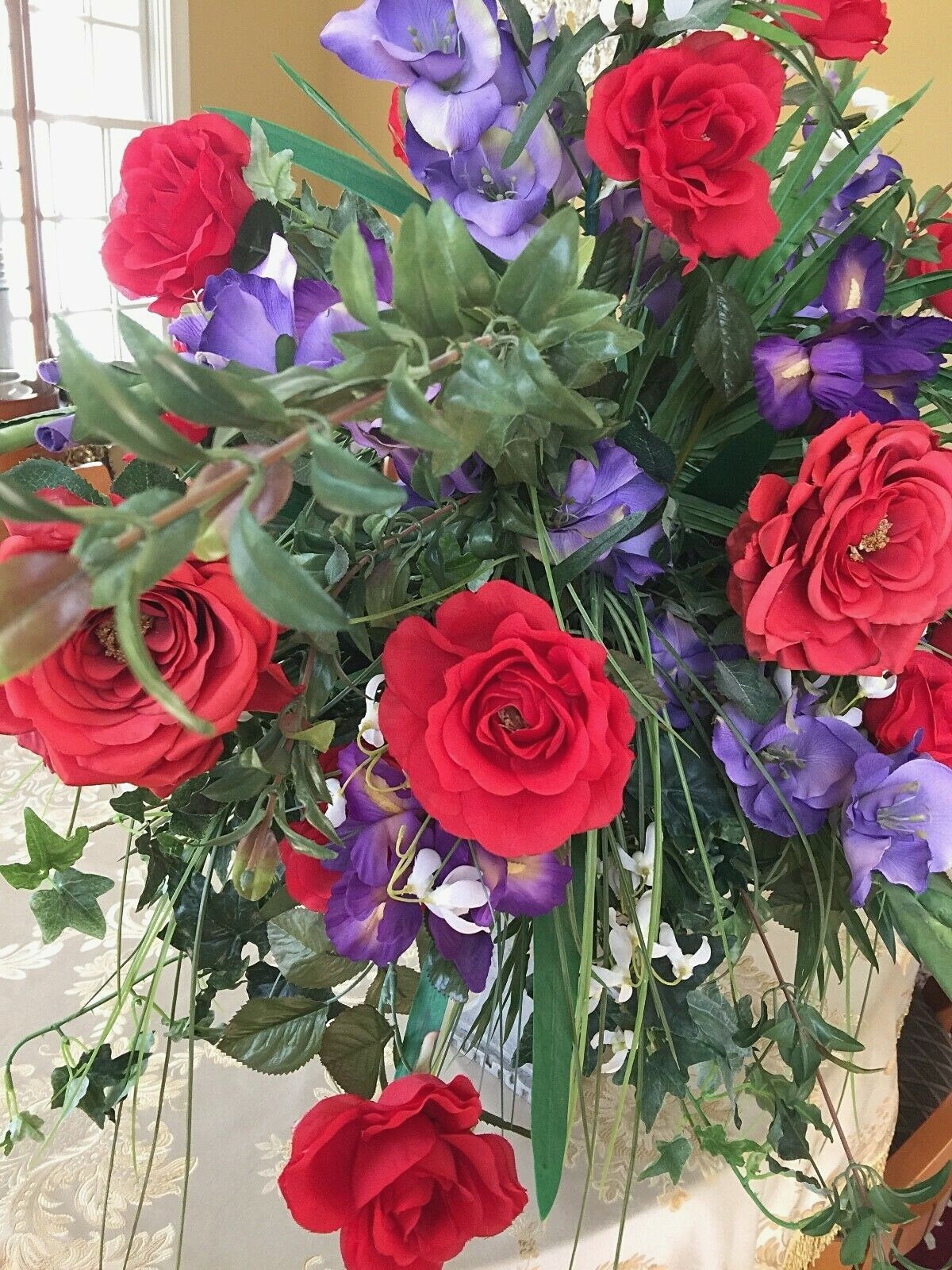 Large Silk Flower Centerpiece – Red Roses, Iris, Green Leaves – 37″x 33″