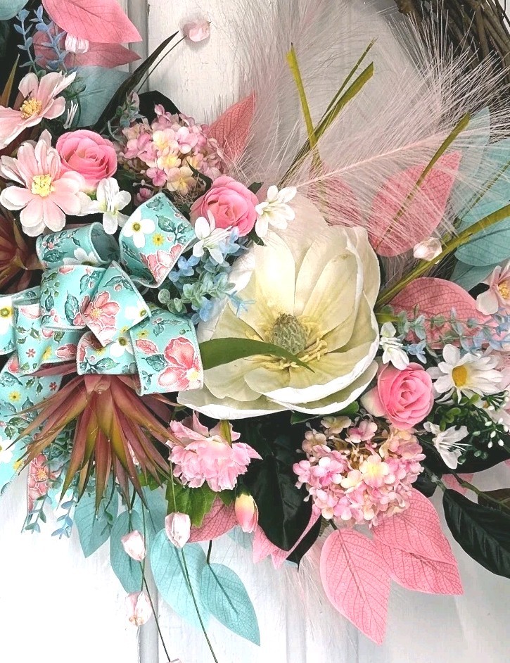 Summer Magnolia Wreath for Front Door, Pink Floral Grapevine Wreath, Cottage