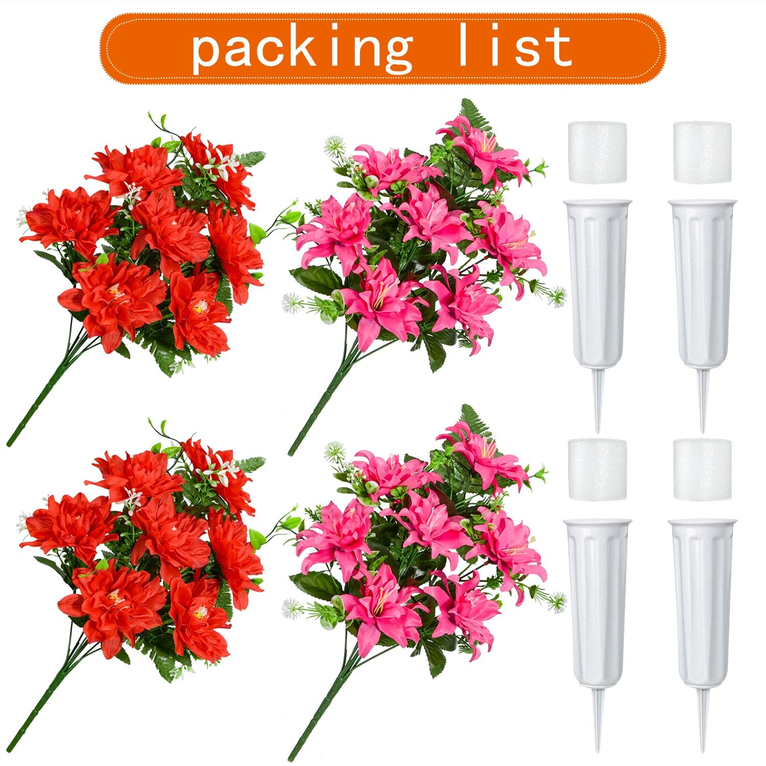 4 Set Red Artificial Cemetery Flowers Grave Memorial Flowers with Vase Bouquets