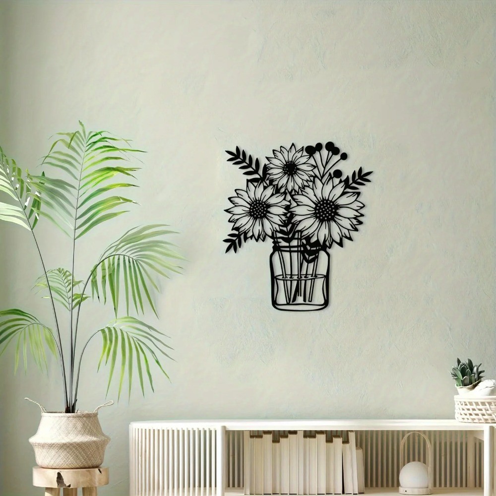 Black Sunflower Metal Wall Vase Sculpture – Nature-Inspired Bathroom Decor