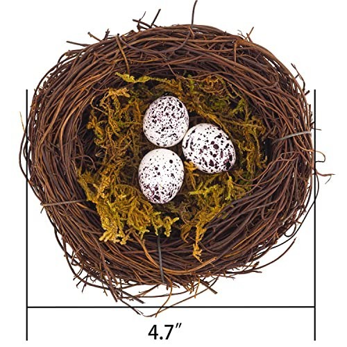 Handmade Rattan Birds Nest Set of 4 with 12 Artificial Eggs & Moss for Easter De