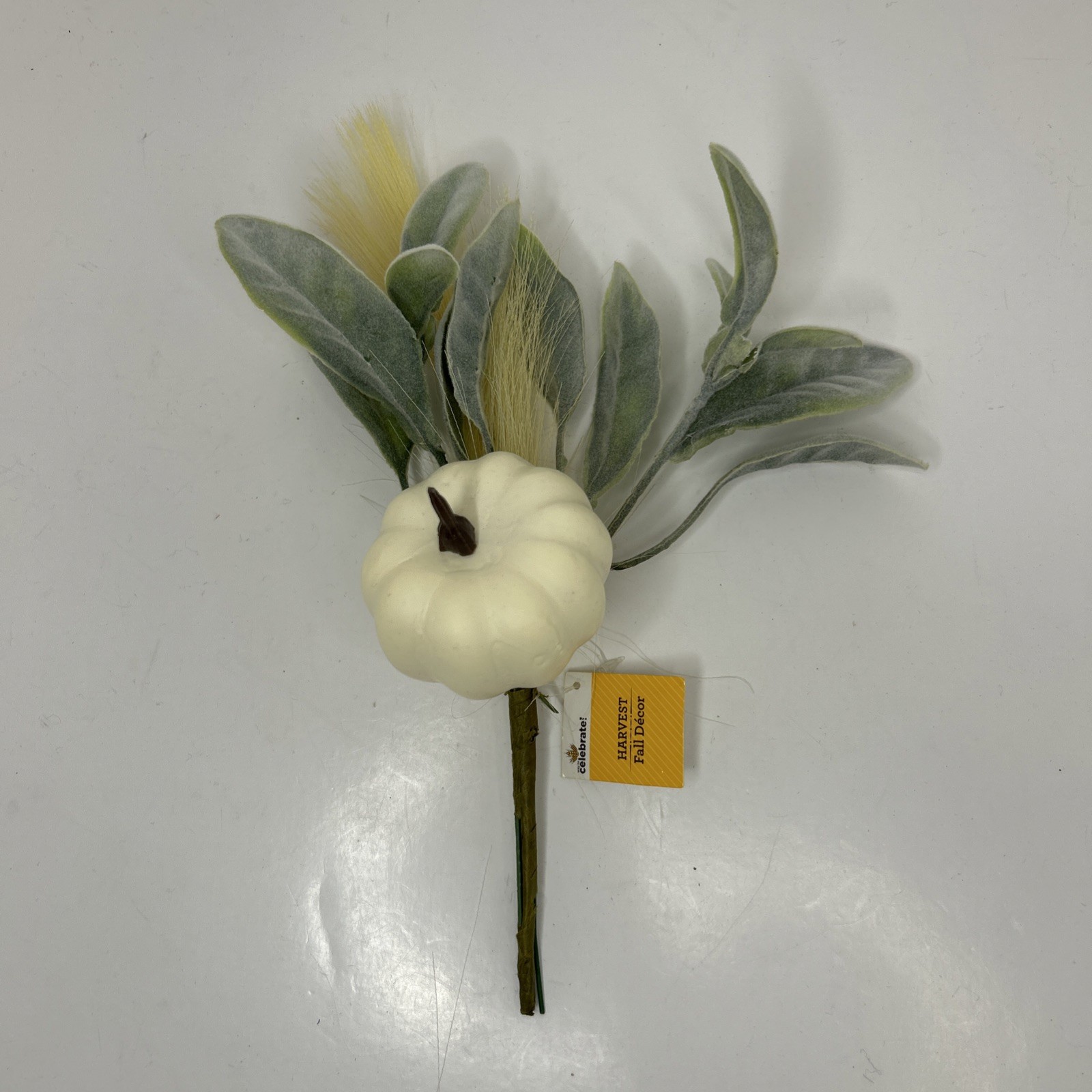 10 Artificial Fall Pumpkin Floral Pick W/Faux Lambs Ear & Feather Grass