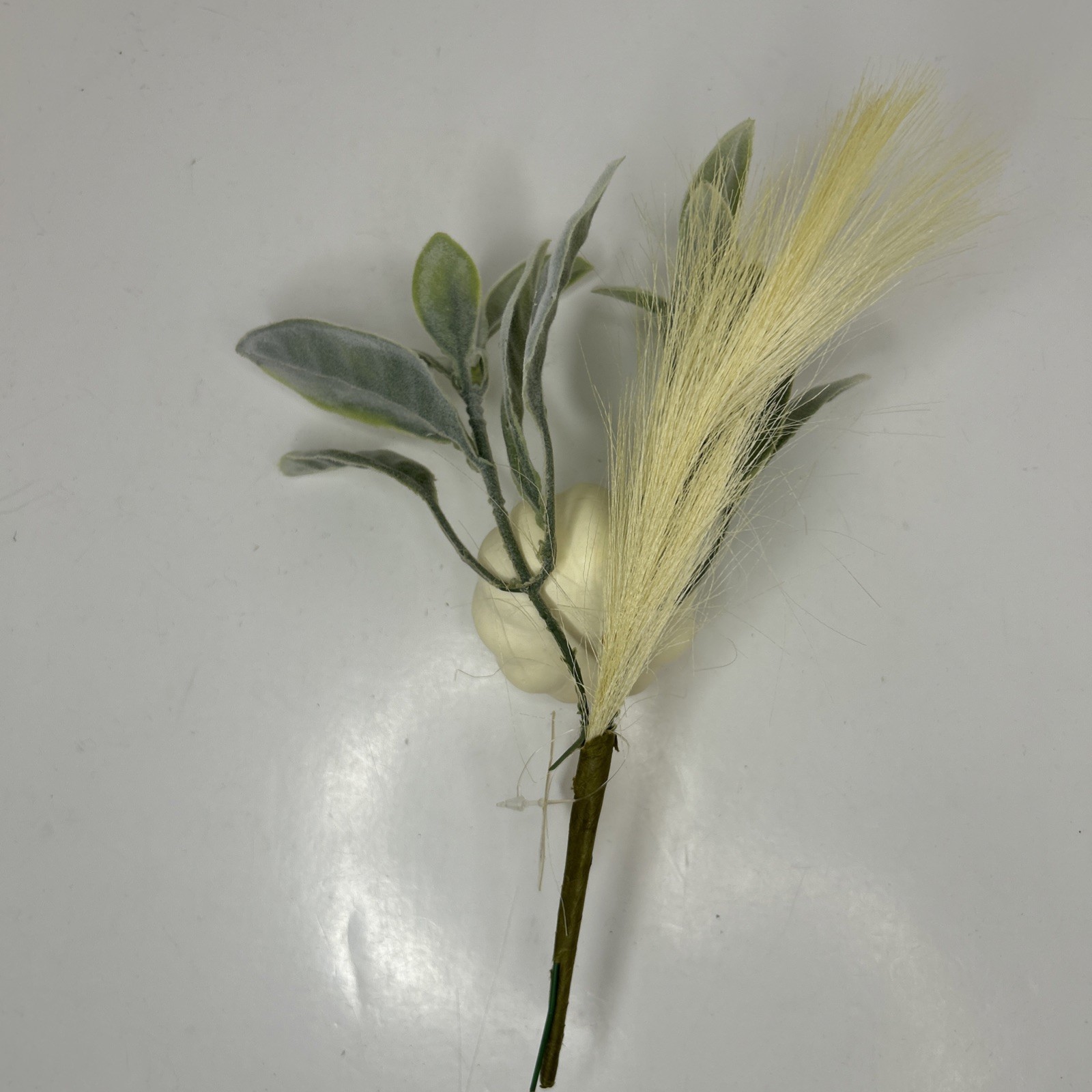 10 Artificial Fall Pumpkin Floral Pick W/Faux Lambs Ear & Feather Grass