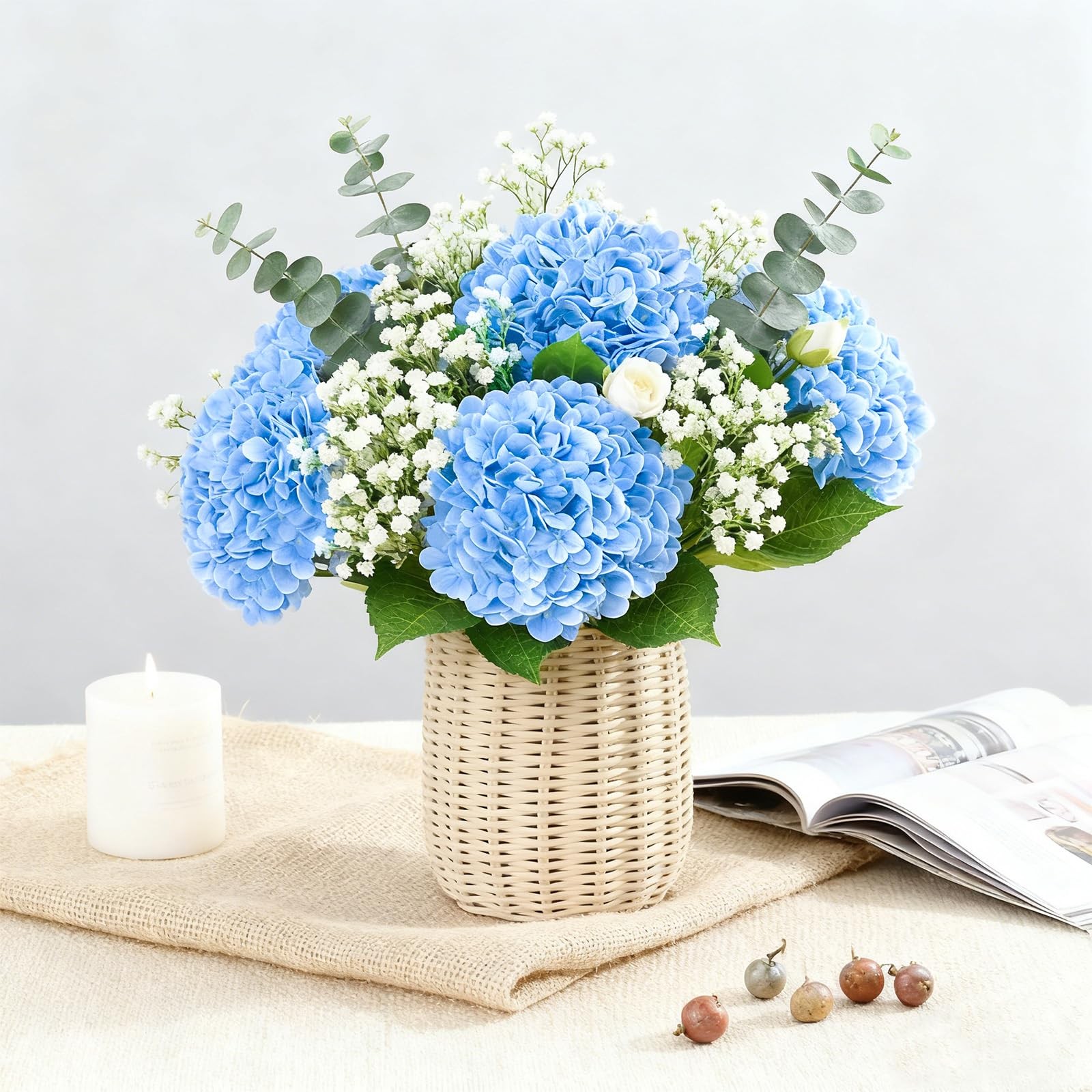 3 Pcs 21″ Real Touch Blue Hydrangea Artificial Flowers with Stems, Fake Silk …