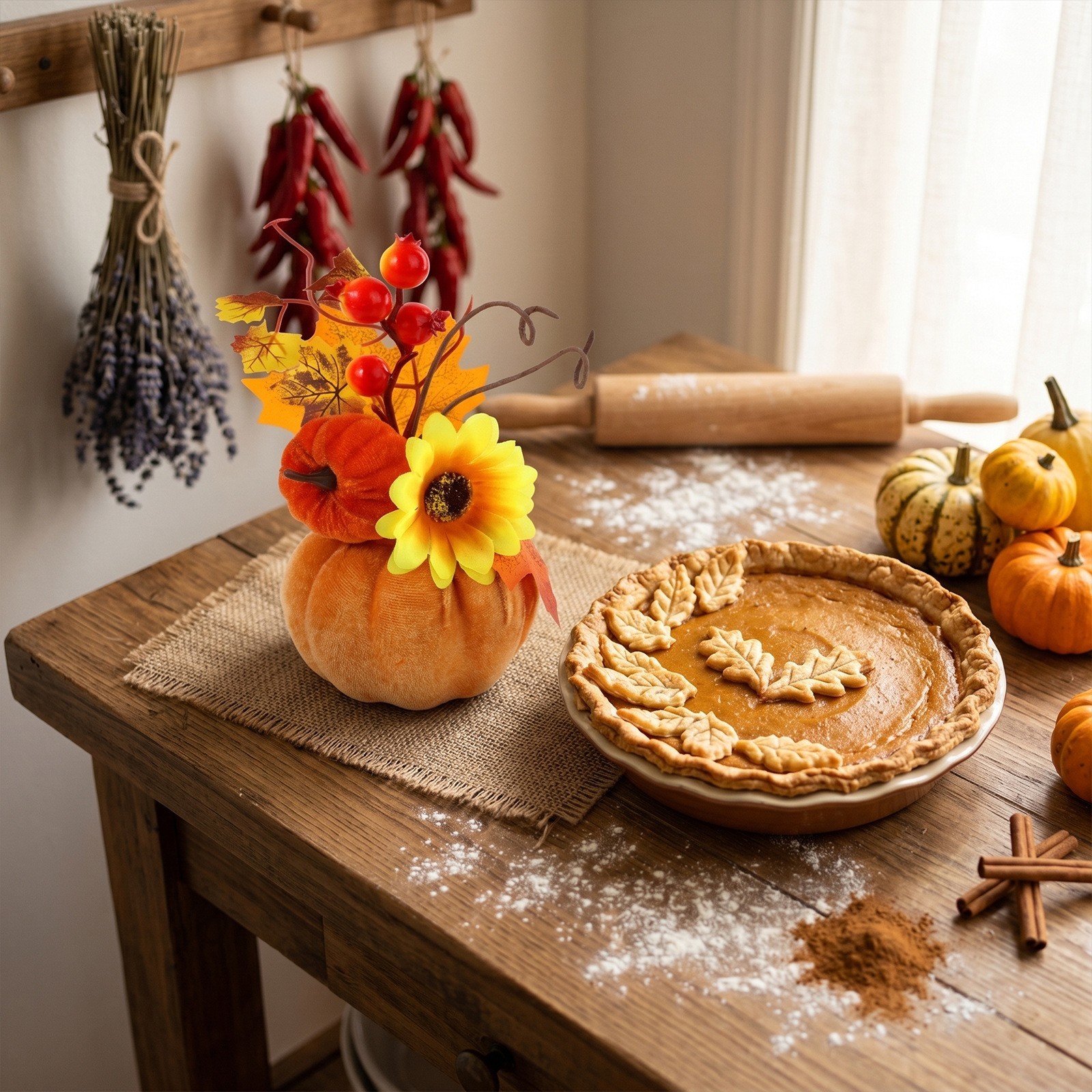 Artificial Pumpkin Decor with Sunflowers Berries for Tiered Tray Setup