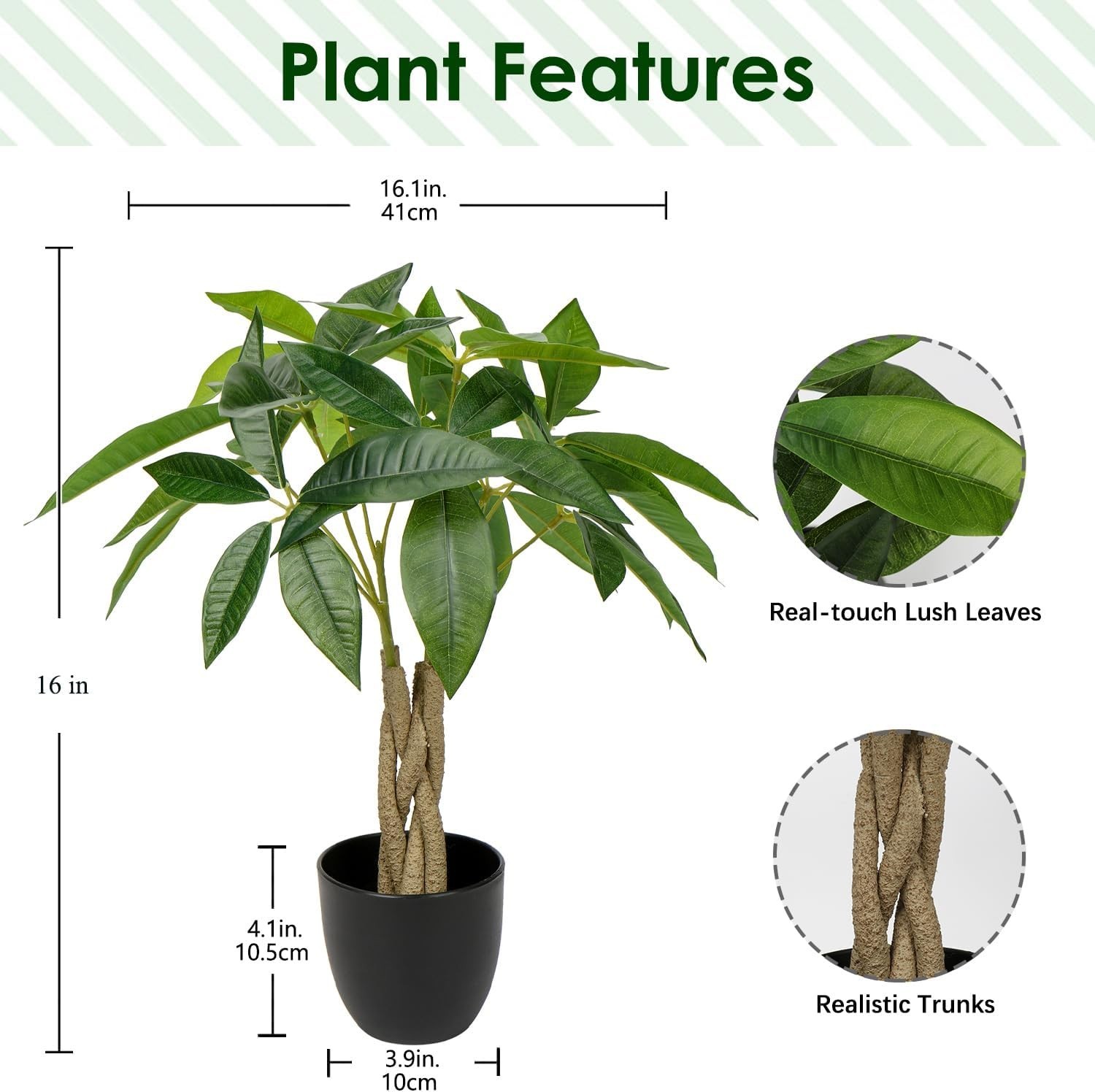 16 Inch Fake Money Tree – Indoor Potted Artificial Pachira Money Tree – Small…
