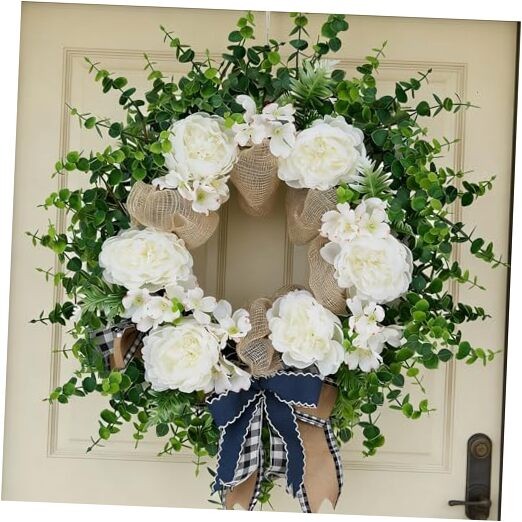 24″ Spring Peony & Eucalyptus Wreath for Front Door – Artificial Flowers White